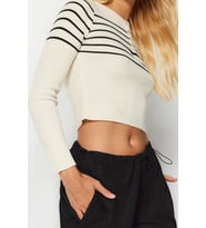 Stil Modern Kadın Crop Standart Kol Bisiklet Yaka Çizgili Triko Kazak (Taş)
