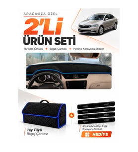 e-biz SKODA OCTAVİA (2013-2019) Uyumlu Torpido Örtüsü + Tay Tüyü Bagaj Çantası - Siyah-Mavi - SK010