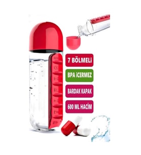 600 Ml 7 Günlük İlaç Saklama Kutulu Hazneli Su Matarası (Kırmızı)