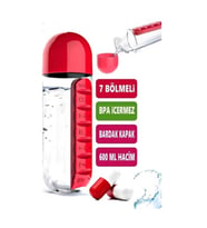 600 Ml 7 Günlük İlaç Saklama Kutulu Hazneli Su Matarası (Kırmızı)