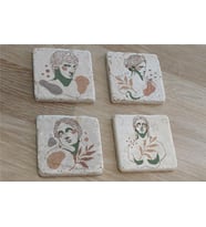 Line Art Heykel Portre Doğal Taş Bardak Altlığı 4'lü set - Natural Stone Coasters