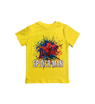 Spiderman baskılı örümcek adam pamuklu penye kumaş yazlık çocuk tişört (Sarı)