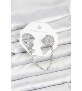 Kutup Yıldızı Model Pirinç Gümüş Renk Zincir Bağlantılı Ear Cuff Küpe Seti - TJ-BKP11551