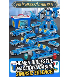 Manyetik Dönüşen Robot Araba Seti 21 Parça Sök Tak Eğitici Oyuncak - Kutulu Polis Merkezi
