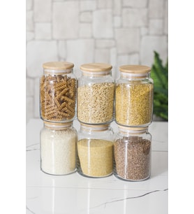 6 Lı Set Bambu Kapaklı Cam Kavanoz & Erzak Saklama Kabı 800 ml Orta  Boy ( Vakum Kapak )