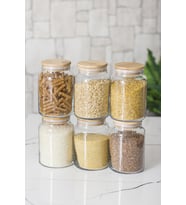 6 Lı Set Bambu Kapaklı Cam Kavanoz & Erzak Saklama Kabı 800 ml Orta  Boy ( Vakum Kapak ) (Şeffaf)