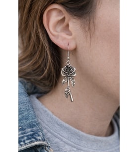 Vintage Rose Leaf – Gül & Yaprak Figürlü Eskitme Gümüş Renk Sallantılı Küpe