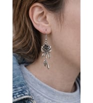 Vintage Rose Leaf – Gül & Yaprak Figürlü Eskitme Gümüş Renk Sallantılı Küpe