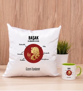 Kişiye Özel Başak Burcuna Hediye Kare Yastık ve Yeşil Kupa
