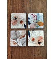 Doğal Taş Bardak Altlığı Çiçek Desenleri Baskılı 4'lü Set - Stone Coasters