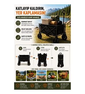Mey İthalat® Katlanır Kamp Arabası 130 Kg Kapasiteli Üst Tablalı Kalın Tekerlekli Çok Amaçlı Taşıma