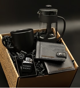 Kişiye Özel Kartlık& Cüzdan& Zippo Çakmak& French Press& Siyah Kupa Hediye Seti