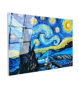 Tamperli Gerçek Cam Tablo Vincent van Gogh Yıldızlı Gece Manzarası Ressam Tablosu Duvar Dekoru