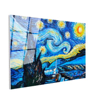 Tamperli Gerçek Cam Tablo Vincent van Gogh Yıldızlı Gece Manzarası Ressam Tablosu Duvar Dekoru