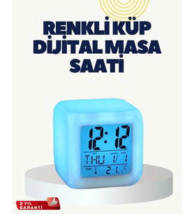 Termometre ve Takvim Özellikli 7 Renk Değiştiren Küp Alarm Saati