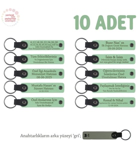 Açık Yeşil & Gri, Anaokulu Hatırası İçin Kişiselleştirilmiş Anahtarlık 10’lu Set, Eğitim Hediyesi