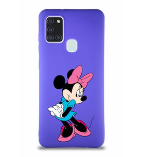 Samsung Galaxy A21S Soft Premier Kapak Minnie Mouse-F Tasarımlı Silikon Kılıf - Mor (Şeffaf)