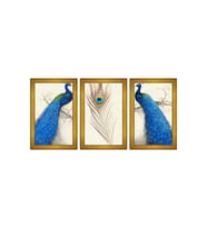 Mavi Tavus Kuşu Temalı 3 lü Kanvas Tablo Seti 150 x 70 cm Gold Çerçeve