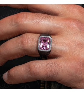mh-120 925 Ayar Gümüş Oksitli Pembe Zirkon Taşlı Sade Erkek Yüzük (Açık Pembe)