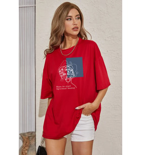 Unisex Minimal line drawing Baskılı T-shirt (Kırmızı)