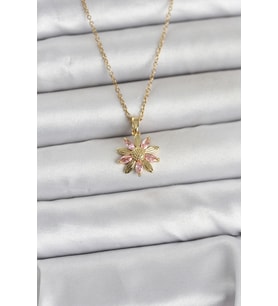 316L Çelik Zincir Gold Renk Pembe Papatya Model Kadın Kolye 5886 - GLST7521-3281
