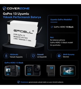 GoPro HERO13 Black ile Uyumlu 1850mAh Yüksek Kapasiteli Aksiyon Kamera Bataryası 3.89V 7.1Wh Yedek Pil Uzun Süreli Çekim Destekli EF-GO1301 Kamera Pili (GO1301)
