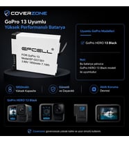 GoPro HERO13 Black ile Uyumlu 1850mAh Yüksek Kapasiteli Aksiyon Kamera Bataryası 3.89V 7.1Wh Yedek Pil Uzun Süreli Çekim Destekli EF-GO1301 Kamera Pili (GO1301)