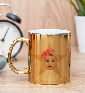 Kişiye Özel Pembe Yıldız Kafa Fotoğraflı Gold Kupa Bardak