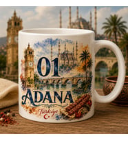 Adana Temalı Hediyelik Kupa Bardak - 01 Plaka Suluboya İllüstrasyon Baskılı Özel Tasarım Kupa