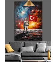 Bayraklı Uzay Astronot Dekoratif Kanvas - Mdf Ahşap Tablo