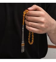 Sıkma Kehribar 925 Ayar Gümüş Tesbih (Bej)