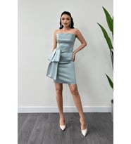 Saten Kumaş Straplez Mini Elbise - MİNT YEŞİLİ