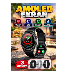AMOLED Ekranlı Akıllı Saat – 3 Kordon, Kalp Atış ve Uyku Takibi, Bluetooth, IP67