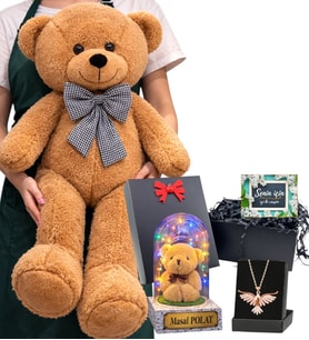 Büyük Boy Kahve Peluş Ayıcık, Kişiye Özel Renkli Işıklı Fanus ve Anka Kuşu Kolye Seti (Model 4)