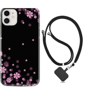 Apple iPhone 11 12 13 Mini Kılıf Boyun Askılı Silikon Black flowers 1391