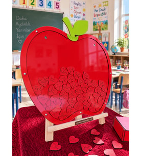 Öğretmenler Gününe Özel Kırmızı Elma Desenli Hatıra Anı Kutusu (50CM) Kalem ve Şövale Hediyeli