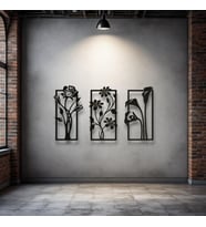 Metal Çiçekli Duvar Dekoru Seti – 3 Parça Modern Minimalist Ev Aksesuarı (Siyah)