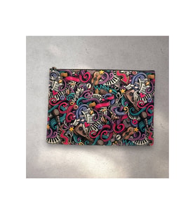 Renkli Müzik Nota Desenli Clutch Portföy Çanta (Siyah-Siyah)