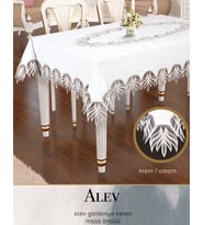 Alev Model Gardenya Keten 160x220 cm Tek Masa Örtüsü Krem Dantelli Premium Tablecloth