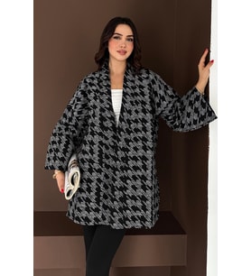 Kadın Siyah Kazayağı Desenli Salaş Kimono