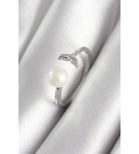 Pirinç Gümüş Renk Top İnci Figür Balık Kuyruğu Model Kadın Yüzük - TJ-BYK3075