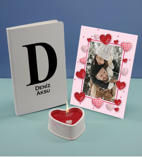 BK Gift Kişiye Özel İsimli Beyaz Defter Dekoratif Çerçeve ve Kalp Taş Obje Kokulu Mum Hediye Seti-5, Sevgiliye Hediye, Arkadaşa Hediye