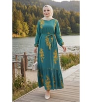 Noyra Desenli Viskon Elbise 1722 - Yeşil