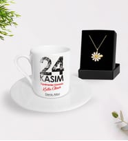BK Gift Kişiye Özel Öğretmenler Günü Türk Kahvesi Fincanı ve İsimli Papatya Kolye Hediye Seti- 9, Öğretmene Hediye, Öğretmenler Günü