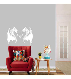 Çift Ejderha Dekoratif Duvar Sticker, Çıkartma, Etiket Beyaz