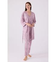 Pierre Cardin Kadın Sabahlıklı Uzun Kol İp Askılı Dantelli 3'lü Pijama Takım