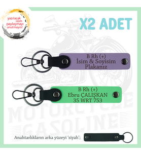 Bikerlar İçin Özel, İsim Plaka ve B Rh (+) Kan Grubu Yazılı Hediye 2'li Anahtarlık, Mor-F Yeşil-Syh
