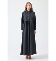 Önü Düğmeli Denim Elbise - Gri