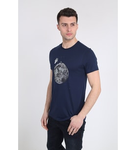 Erkek Bisiklet Yaka Baskılı T-Shirt 21Y-3400744-01 Lacivert