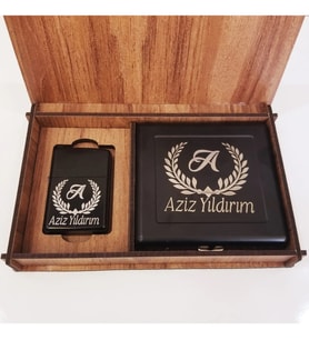 Kişiye Özel Ahşap Kutulu Metal Çakmak & Sigara Tabakası